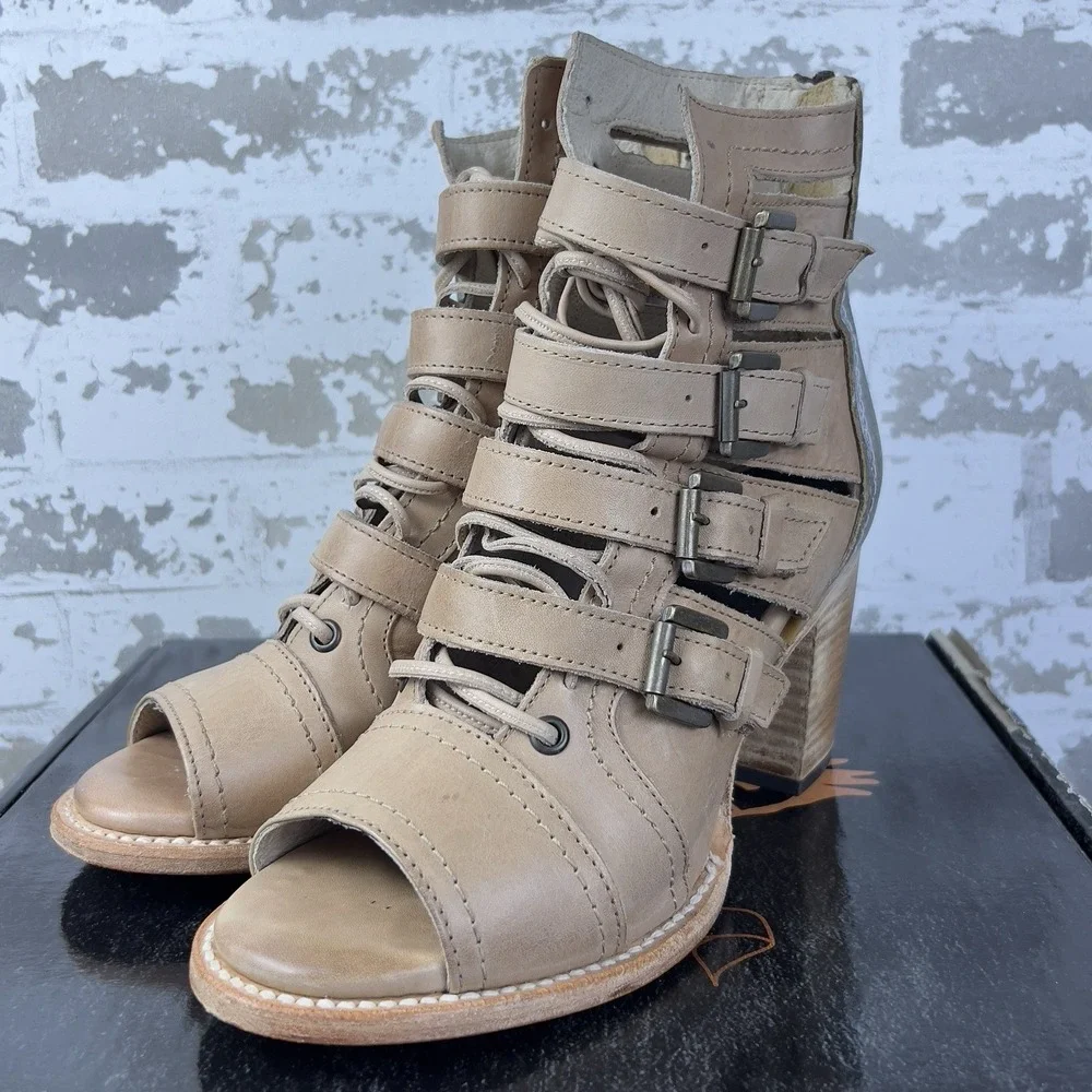 Freebird Braeden Blush Gladiator Sandal Boots Sz 9 Strappy Chunky Peep Toe Brown - Picture 4 of 16